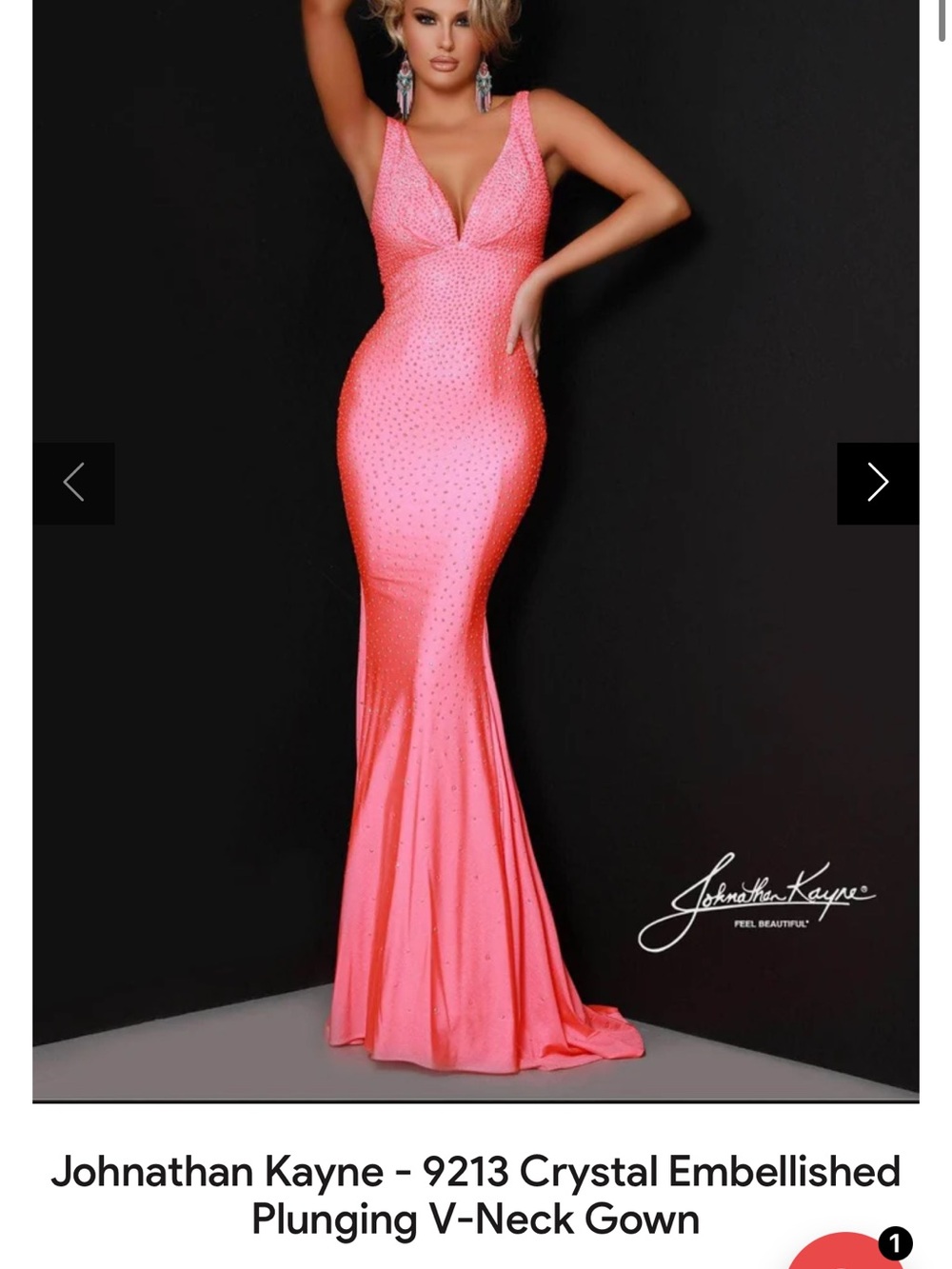 Johnathan Kayne Coral Pink Crystal-Embellished Plunging V-Neck Mermaid Gown